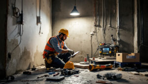 A photograph of a lighting contractor working on a job site