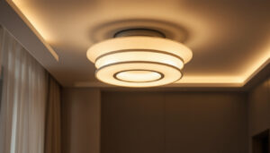 A photograph of a beautifully designed ceiling light fixture that showcases indirect lighting