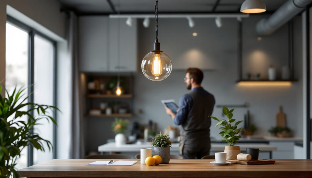 A photograph of a beautifully designed chain hanging light fixture in a modern setting