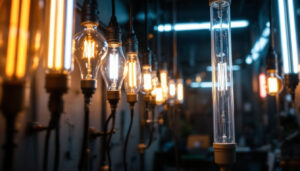 A photograph of a close-up shot of various fluorescent lamps of different lengths arranged aesthetically