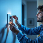 A photograph of a lighting contractor installing or adjusting a modern timed light switch in a residential setting
