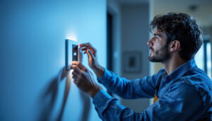 A photograph of a lighting contractor installing or adjusting a modern timed light switch in a residential setting