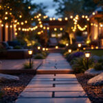 A photograph of a beautifully lit outdoor space featuring various styles of waterproof solar lights illuminating pathways