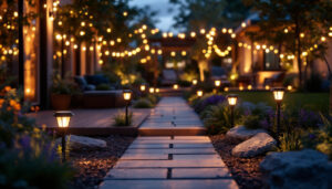 A photograph of a beautifully lit outdoor space featuring various styles of waterproof solar lights illuminating pathways