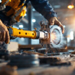 A photograph of a lighting contractor using large electrical tools on a job site