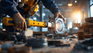 A photograph of a lighting contractor using large electrical tools on a job site