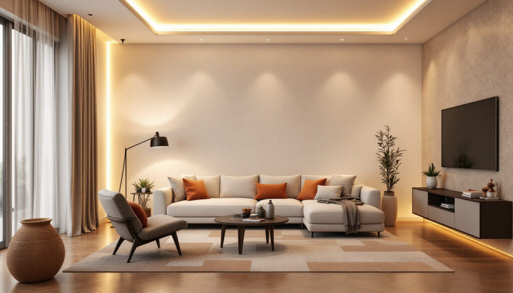 A photograph of a beautifully illuminated room featuring stylish cove lighting