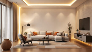 A photograph of a beautifully designed outdoor porch featuring stylish hanging lights in a warm