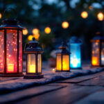 A photograph of a beautifully lit outdoor space featuring various styles of lantern lights