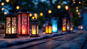A photograph of a beautifully lit outdoor space featuring various styles of lantern lights