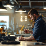 A photograph of a well-lit workshop or garage featuring lowes led shop lights in action