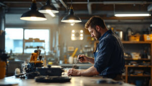 A photograph of a well-lit workshop or garage featuring lowes led shop lights in action