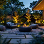 A photograph of a beautifully landscaped outdoor space illuminated by strategically placed spotlights