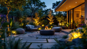 A photograph of a beautifully landscaped outdoor space illuminated by strategically placed spotlights