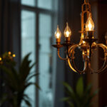 A photograph of a stylish chandolier illuminated in a modern interior setting