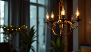 A photograph of a stylish chandolier illuminated in a modern interior setting