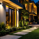 A photograph of a beautifully lit outdoor space featuring a modern led floodlight illuminating key architectural elements and landscaping