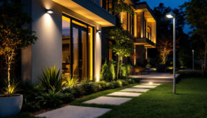 A photograph of a beautifully lit outdoor space featuring a modern led floodlight illuminating key architectural elements and landscaping