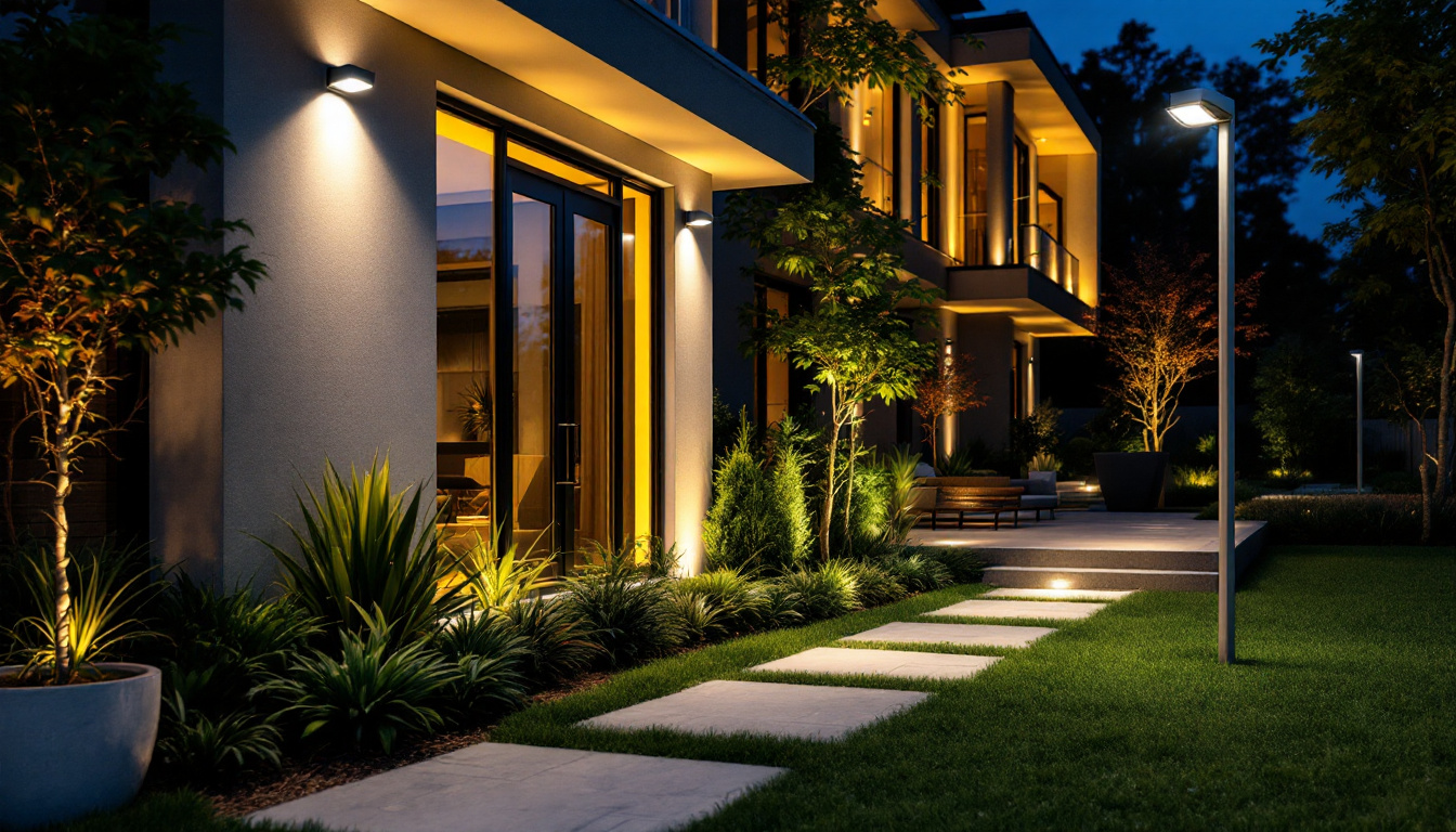 A photograph of a beautifully lit outdoor space featuring a modern led floodlight illuminating key architectural elements and landscaping