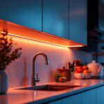 A photograph of a stylish kitchen featuring under cabinet led strip lighting