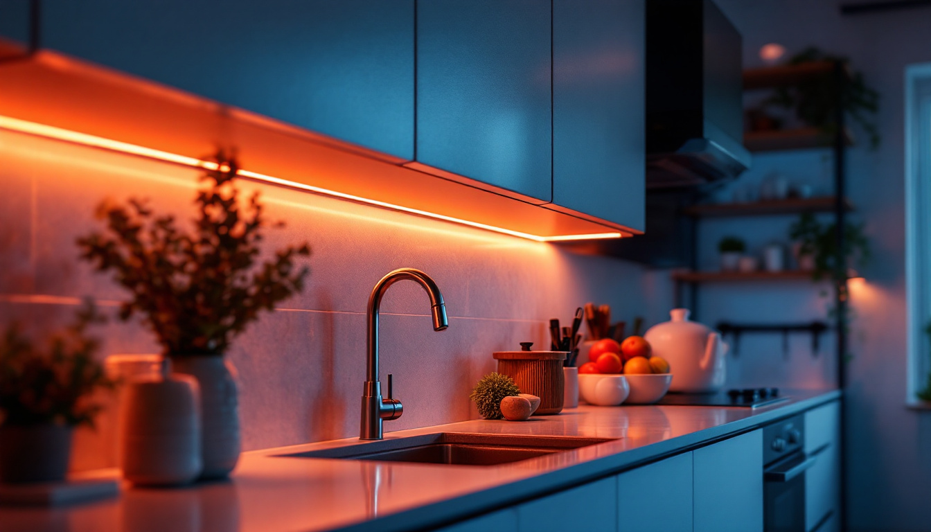 A photograph of a stylish kitchen featuring under cabinet led strip lighting