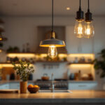 A photograph of a beautifully designed kitchen featuring an elegant ceiling light fixture that highlights the space