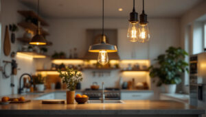 A photograph of a beautifully designed kitchen featuring an elegant ceiling light fixture that highlights the space