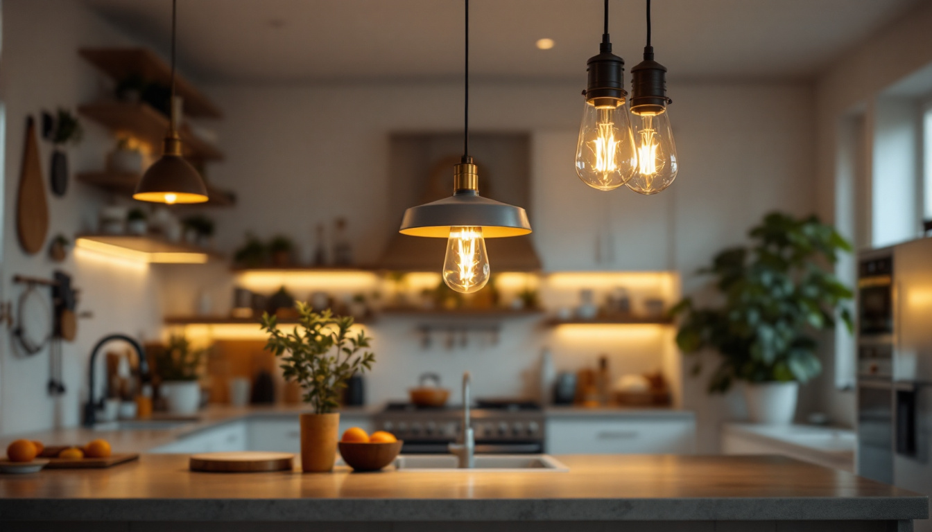 A photograph of a beautifully designed kitchen featuring an elegant ceiling light fixture that highlights the space