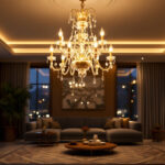 A photograph of a stunning chandelier elegantly illuminated in a beautifully designed room