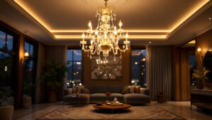 A photograph of a stunning chandelier elegantly illuminated in a beautifully designed room