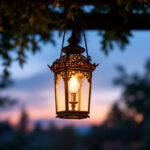 A photograph of a beautifully designed hanging porch lamp illuminated at dusk