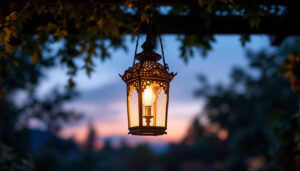 A photograph of a beautifully designed hanging porch lamp illuminated at dusk