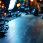 A photograph of a well-organized workspace featuring a variety of power cords neatly arranged alongside lighting equipment