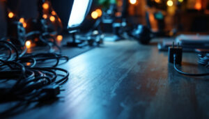 A photograph of a well-organized workspace featuring a variety of power cords neatly arranged alongside lighting equipment
