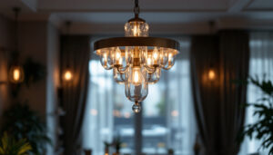 A photograph of a beautifully designed large hanging light fixture in an elegant setting