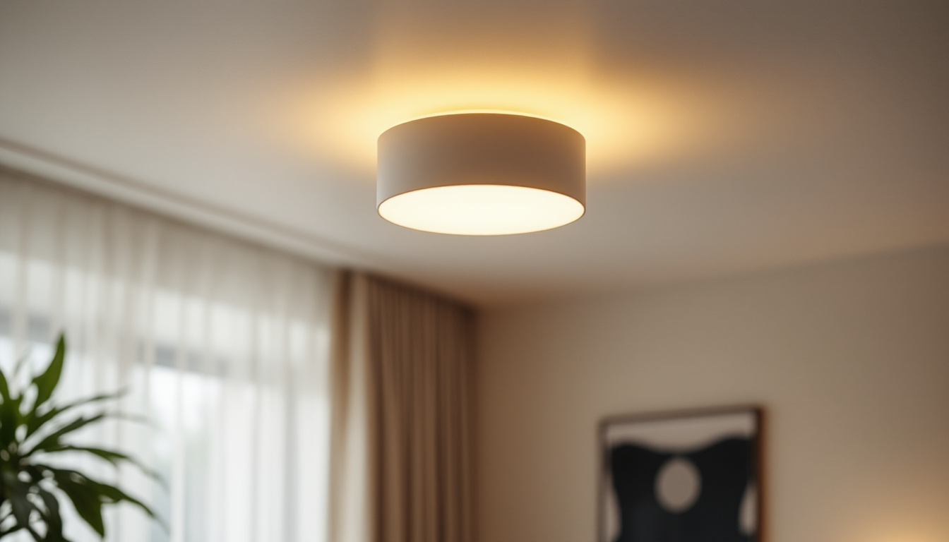 A photograph of a stylish ceiling flush mount light fixture installed in a well-lit room