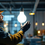 A photograph of a lighting contractor expertly installing a vibrant fluorescent bulb in a well-lit workspace