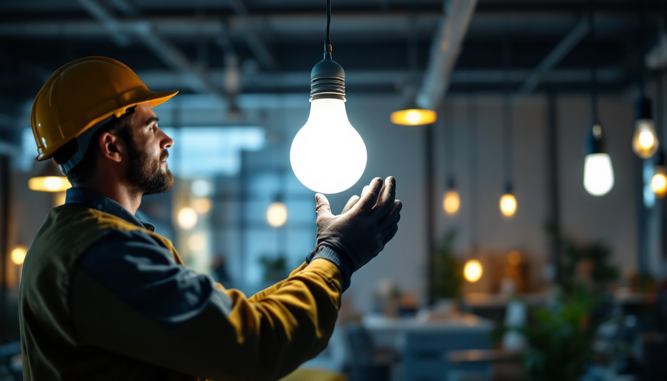 A photograph of a lighting contractor expertly installing a vibrant fluorescent bulb in a well-lit workspace