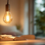 A photograph of capture a photograph of an elegantly designed hanging chain lamp in a cozy