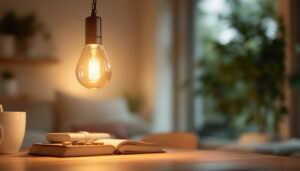 A photograph of capture a photograph of an elegantly designed hanging chain lamp in a cozy