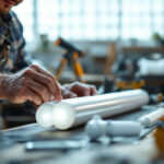 A photograph of a lighting contractor measuring and comparing various fluorescent tube diameters in a well-lit workshop