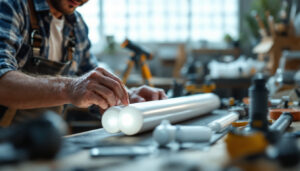A photograph of a lighting contractor measuring and comparing various fluorescent tube diameters in a well-lit workshop