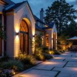 A photograph of a beautifully designed outdoor space featuring recessed exterior lights that highlight architectural features and create an inviting atmosphere