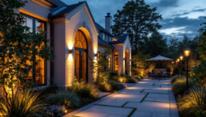A photograph of a beautifully designed outdoor space featuring recessed exterior lights that highlight architectural features and create an inviting atmosphere