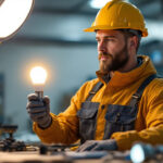 A photograph of a lighting contractor in a well-lit workspace
