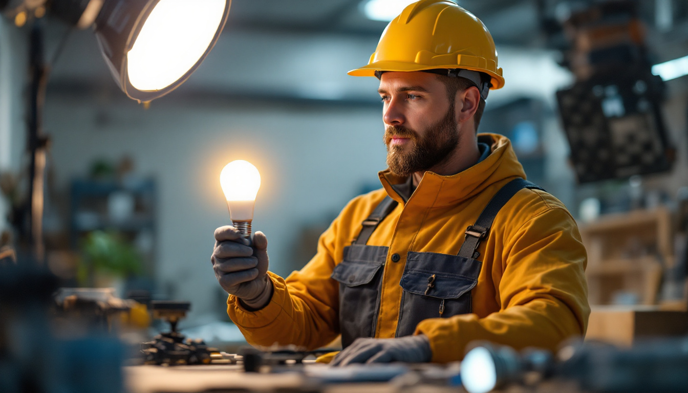 A photograph of a lighting contractor in a well-lit workspace