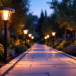 A photograph of a beautifully illuminated walkway lined with stylish solar lights during twilight