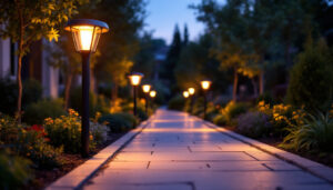 A photograph of a beautifully illuminated walkway lined with stylish solar lights during twilight