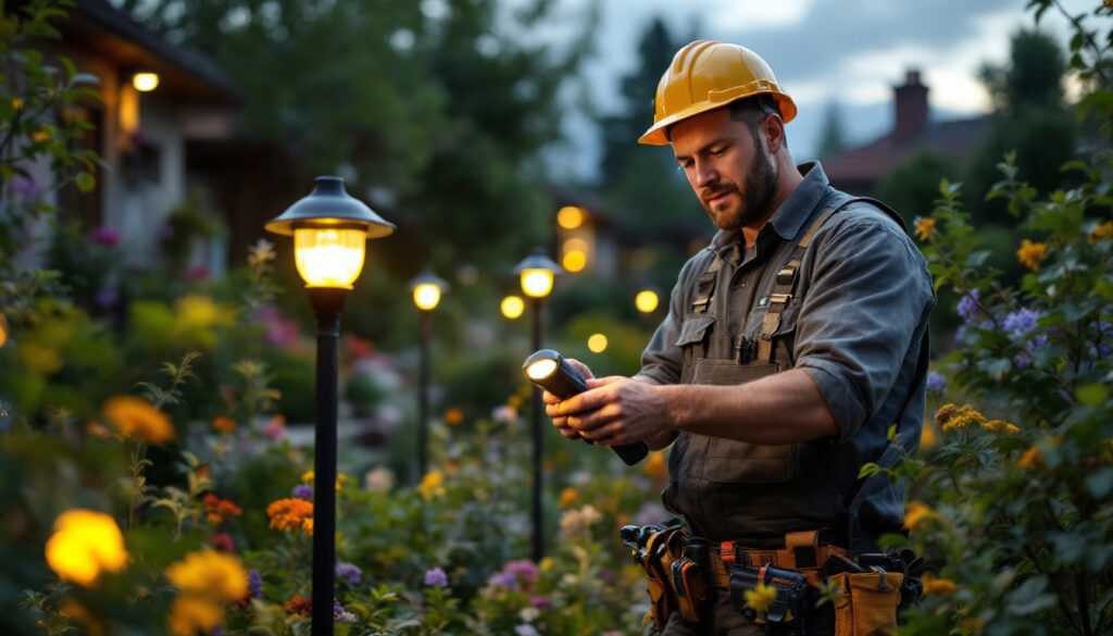 A photograph of a skilled lighting contractor installing led solar lights in a beautiful outdoor setting
