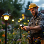 A photograph of a skilled lighting contractor installing led solar lights in a beautiful outdoor setting